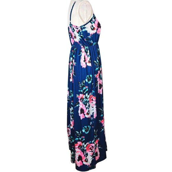 Womens Floral Boho Maxi Dress Adjustable Spaghetti Straps Navy Blue & Pink Small - Picture 3 of 12